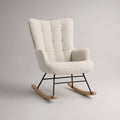 Cream Boucle Wingback Rocking Chair with Black Steel Base and Natural Rubberwood Runners, 29.5 x 35.4 x 39.4 in