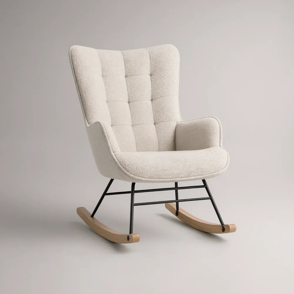 Cream Boucle Wingback Rocking Chair with Black Steel Base and Natural Rubberwood Runners, 29.5 x 35.4 x 39.4 in