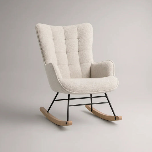 Cream Boucle Wingback Rocking Chair with Black Steel Base and Natural Rubberwood Runners, 29.5 x 35.4 x 39.4 in