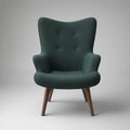 Curved Wingback Armchair with Button-Tufted Back, Dark Green Upholstery and Dark Brown Wood Legs, 31.5 x 33.1 x 40.2 in