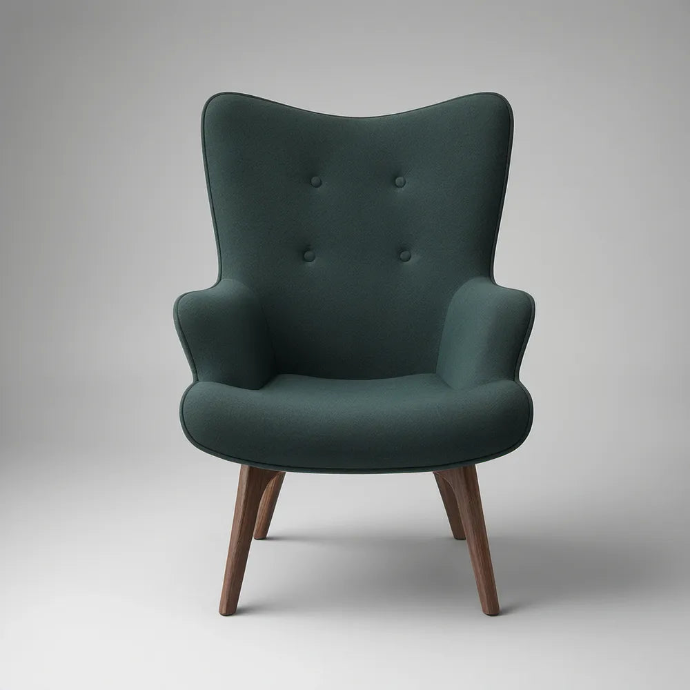 Curved Wingback Armchair with Button-Tufted Back, Dark Green Upholstery and Dark Brown Wood Legs, 31.5 x 33.1 x 40.2 in