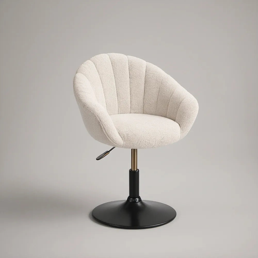 Ivory Boucle Swivel Armchair with Black and Gold Base, 26 x 25 x 34 in