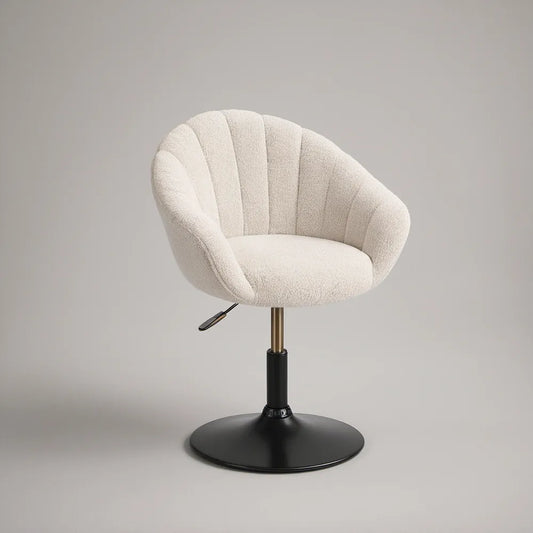 Ivory Boucle Swivel Armchair with Black and Gold Base, 26 x 25 x 34 in