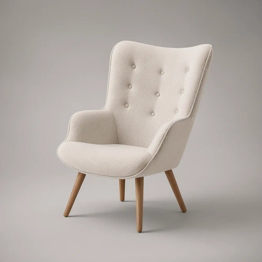 Cream Boucle Wingback Armchair, 29 x 31 x 40 in, Natural Brown Rubberwood Legs