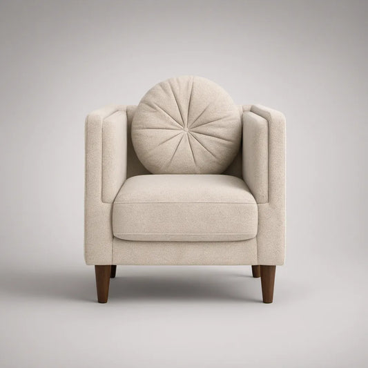 Ivory Bouclé Accent Chair with Round Channel-Tufted Cushion, 34 in W x 33 in D x 35 in H