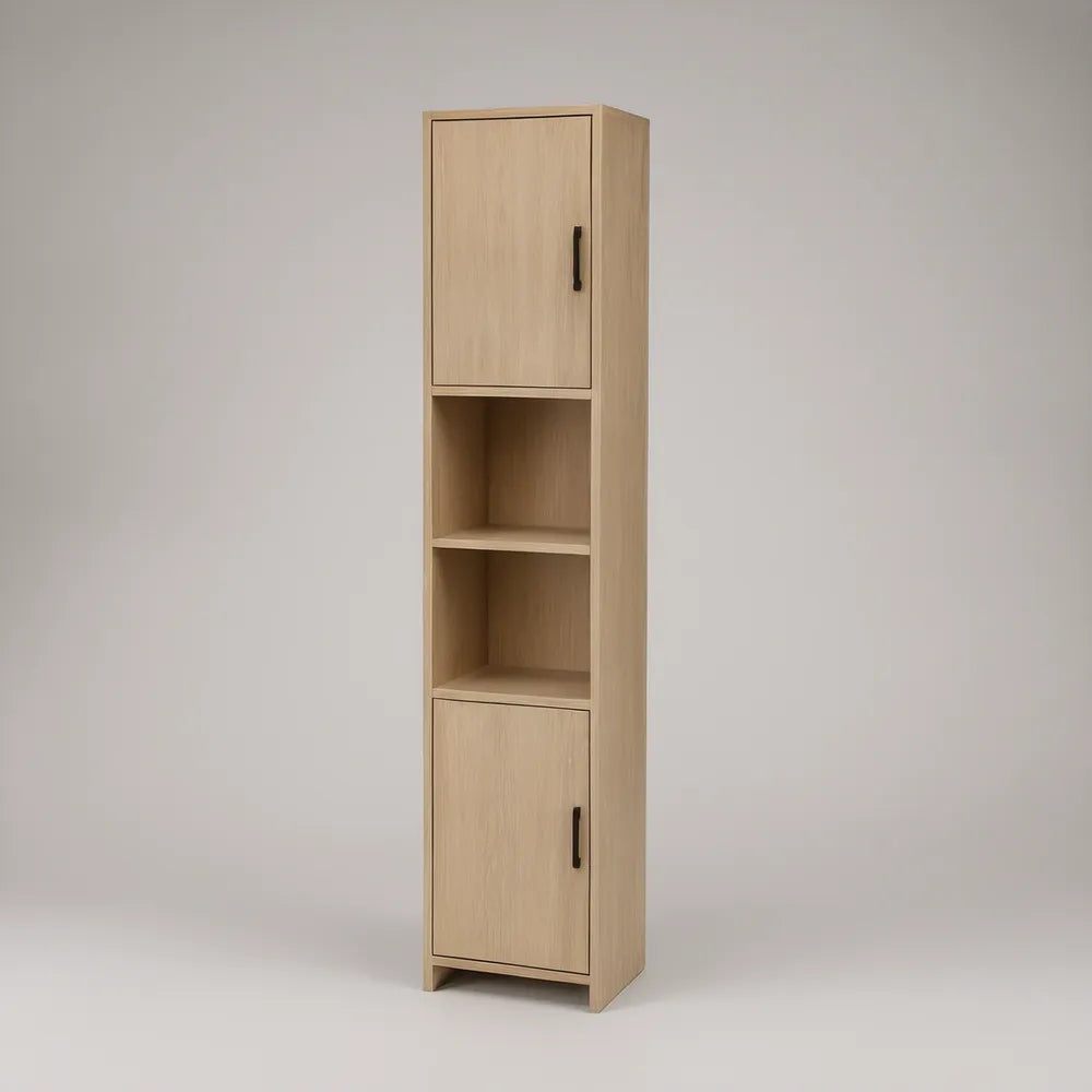Light Oak Storage Cabinet with Black Handles, 15.7 in W x 13.8 in D x 70.9 in H