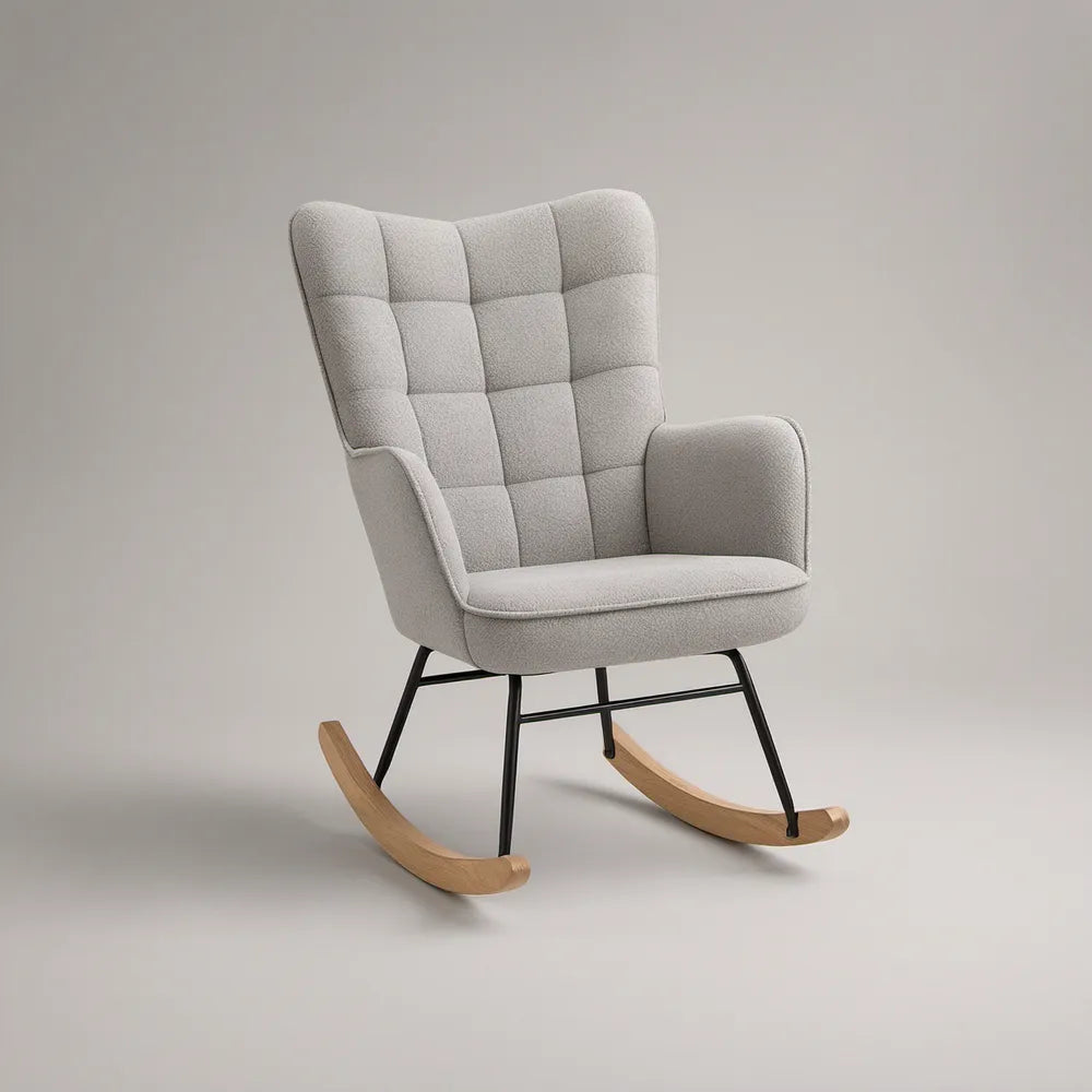 Light Gray Boucle High-Back Wingback Rocking Chair with Beech Wood Runners, 31.5 x 35 x 40 in