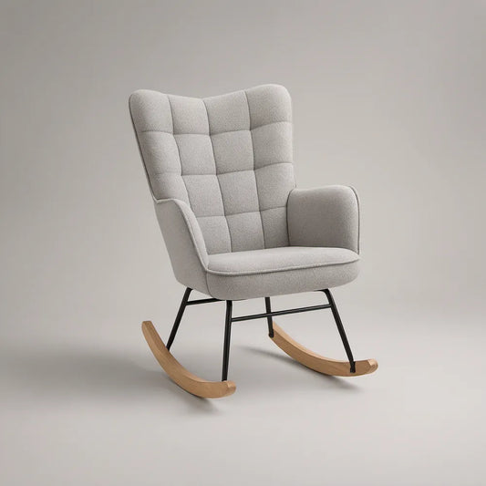 Light Gray Boucle High-Back Wingback Rocking Chair with Beech Wood Runners, 31.5 x 35 x 40 in