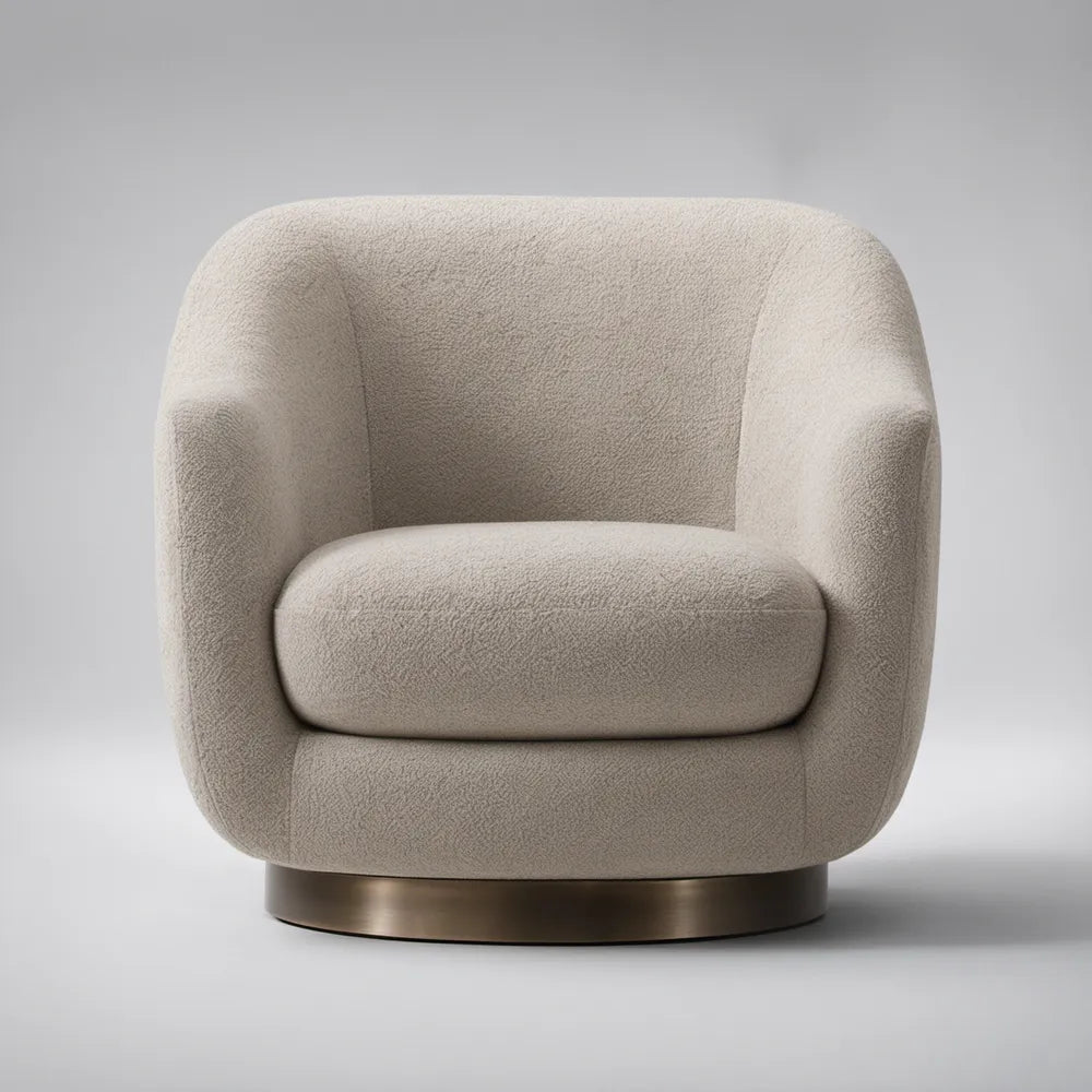 Cream Boucle Barrel Armchair with Dark Bronze Steel Base, 31 x 30 x 29 in