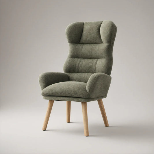 Olive Green Bouclé Wingback Armchair with Natural Rubberwood Legs, 29 x 32 x 41 in