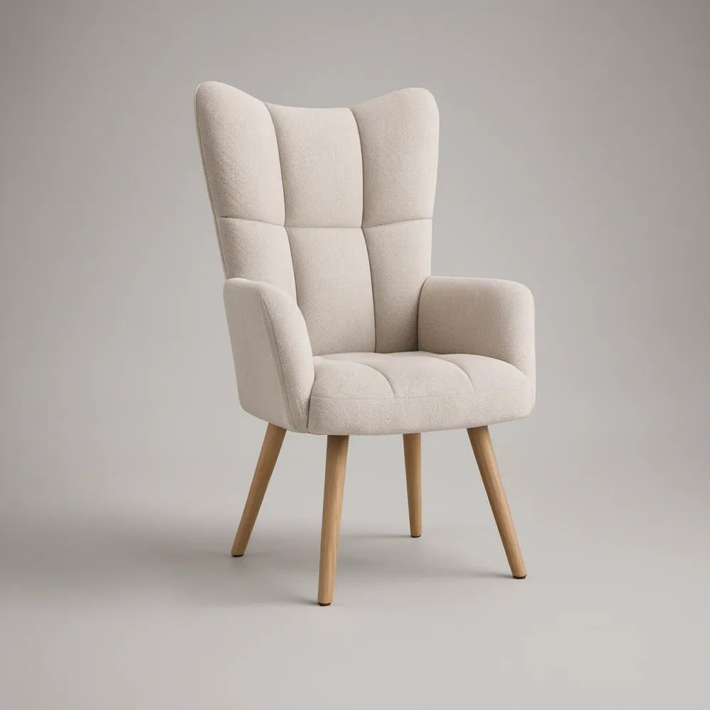Cream High-Back Wingback Armchair with Natural Rubberwood Legs, 29.5 x 31.1 x 43.3 in