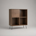 Walnut Brown Storage Cabinet with 3 Open Compartments, 1 Door, and Black Steel Legs, 31.5 x 15.7 x 39.4 in