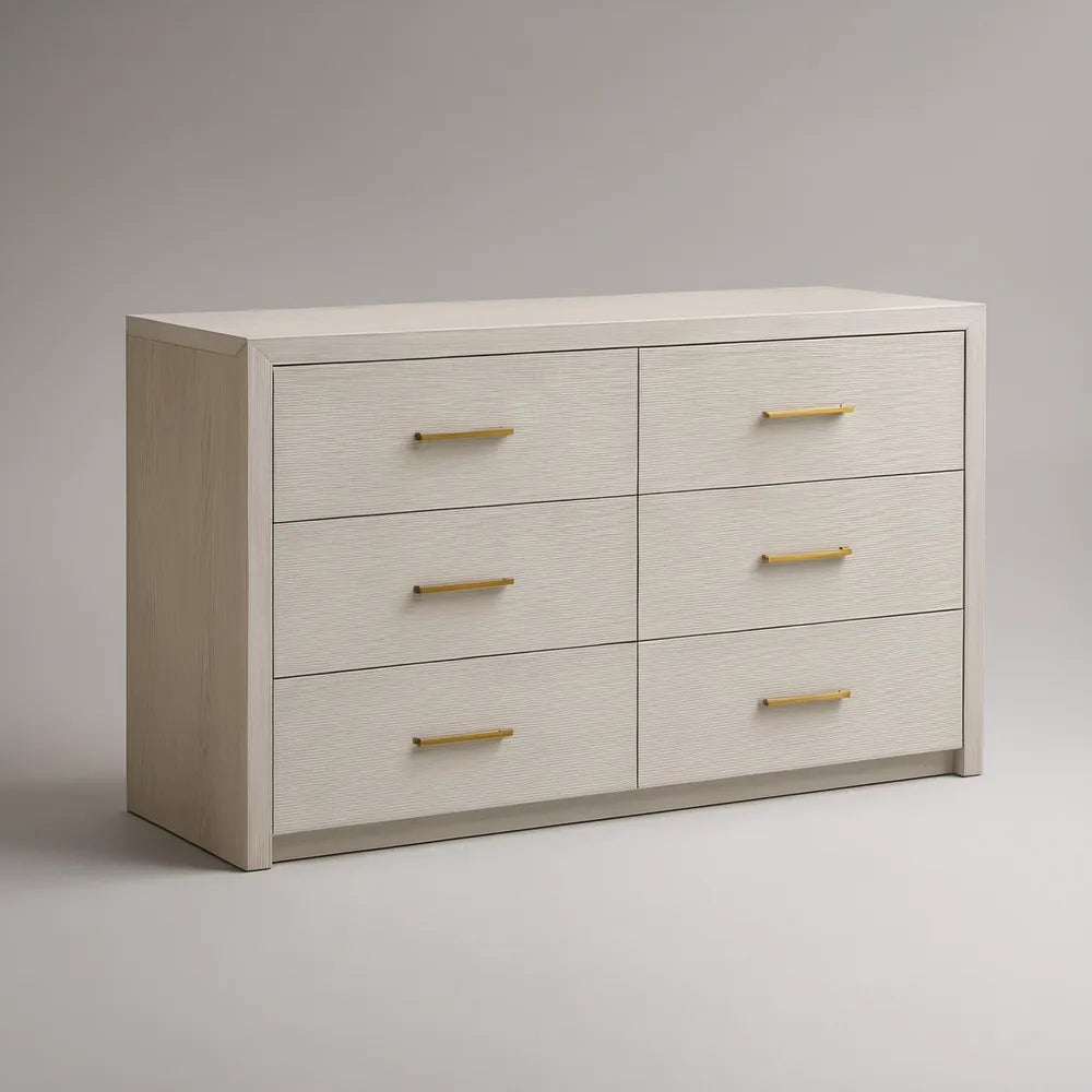 6-Drawer White Oak Dresser with Gold Handles, 47.2 x 15.7 x 29.5 in