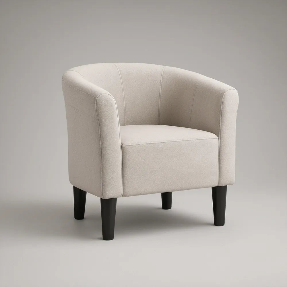 Cream Polyester Upholstered Barrel Armchair with Black Wood Legs, 29.5 x 28 x 31.5 in