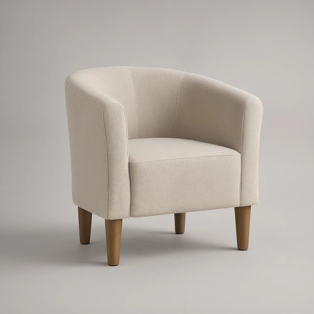 Cream Polyester Upholstered Tub Armchair with Brown Rubberwood Legs, 30 in W x 29 in D x 31 in H