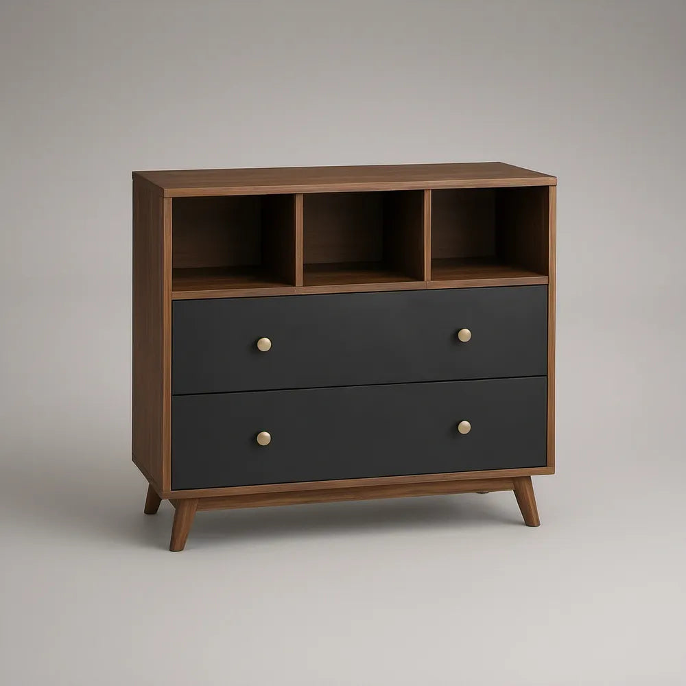 Walnut and Black 2-Drawer Storage Cabinet with 3 Open Compartments, 47.2 x 15.7 x 39.4 in