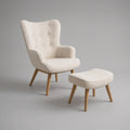Ivory Boucle Wingback Armchair with Ottoman, Natural Rubberwood Legs, Chair 30 x 33 x 39 in, Ottoman 24 x 18 x 16 in