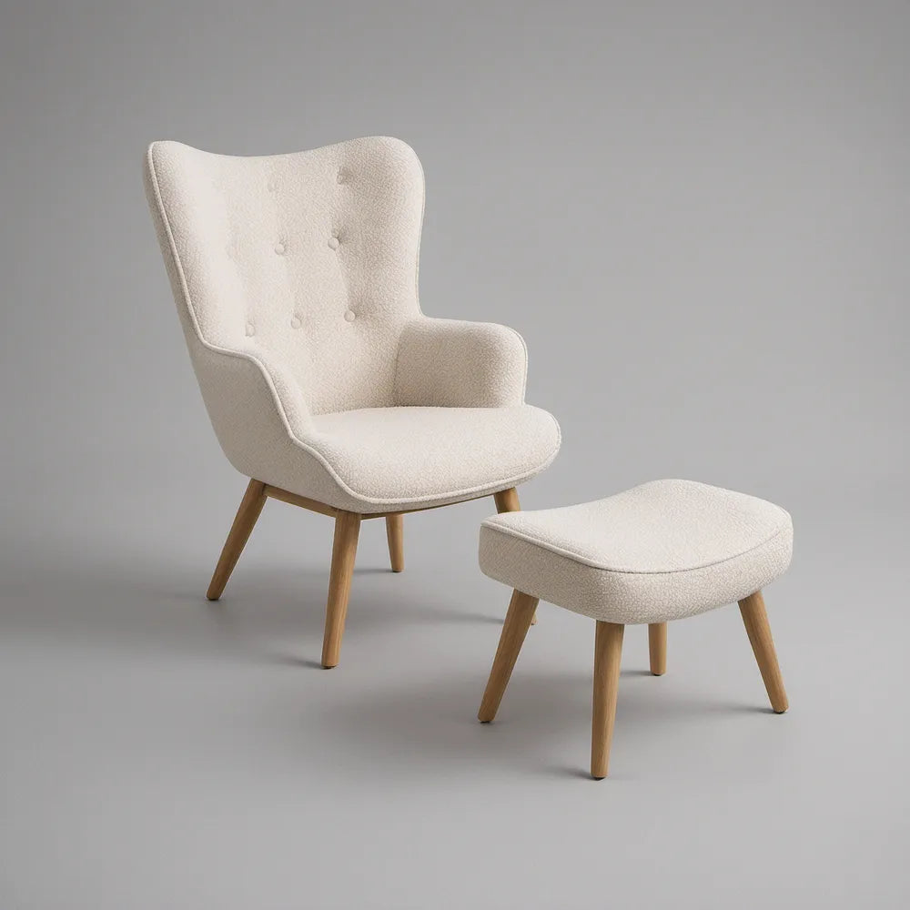 Ivory Boucle Wingback Armchair with Ottoman, Natural Rubberwood Legs, Chair 30 x 33 x 39 in, Ottoman 24 x 18 x 16 in
