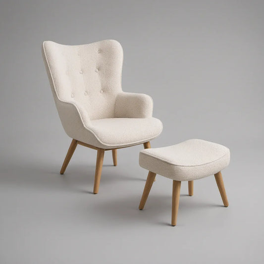 Ivory Boucle Wingback Armchair with Ottoman, Natural Rubberwood Legs, Chair 30 x 33 x 39 in, Ottoman 24 x 18 x 16 in