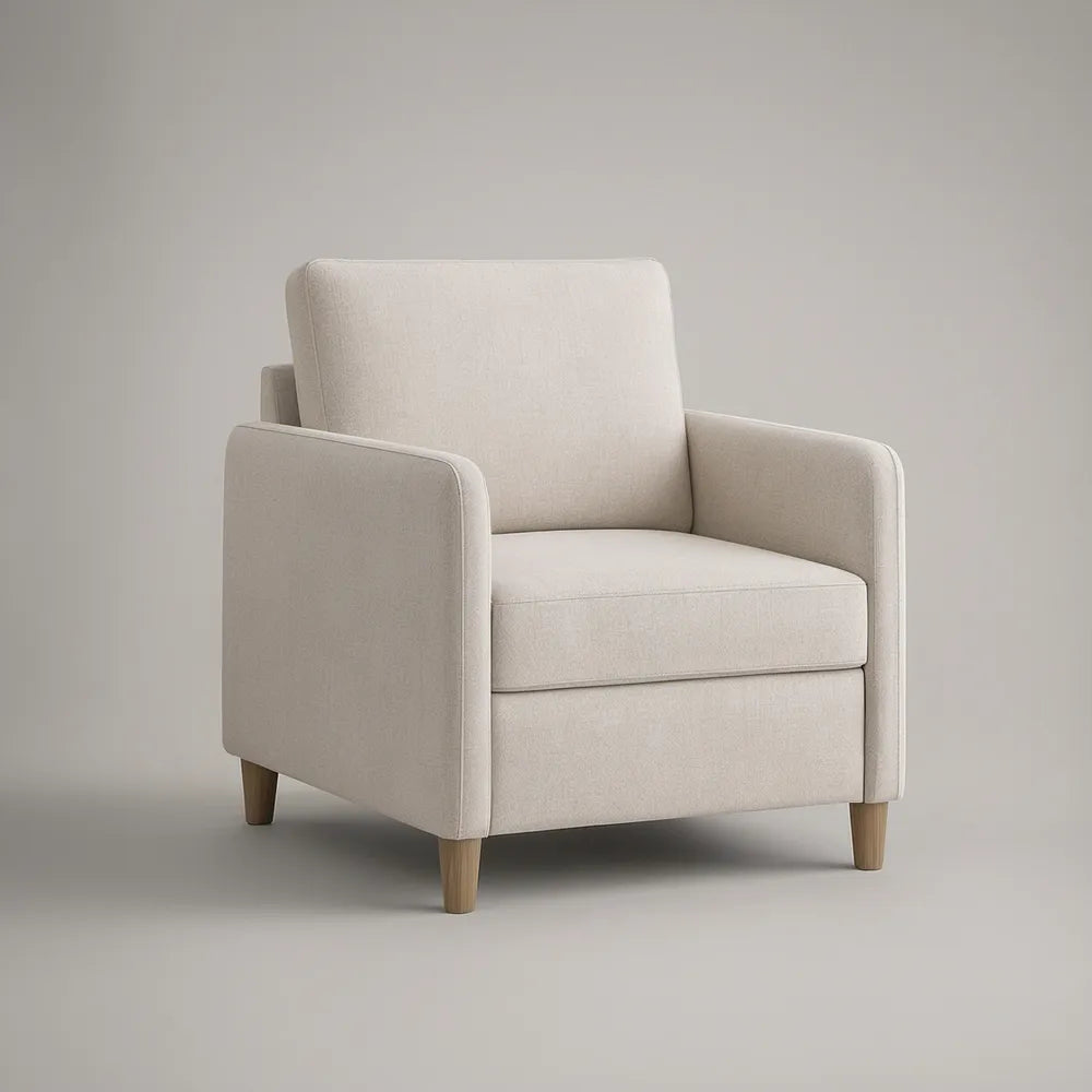 Beige Upholstered Armchair with Natural Rubberwood Legs, 31.5 x 33.1 x 34.6 in