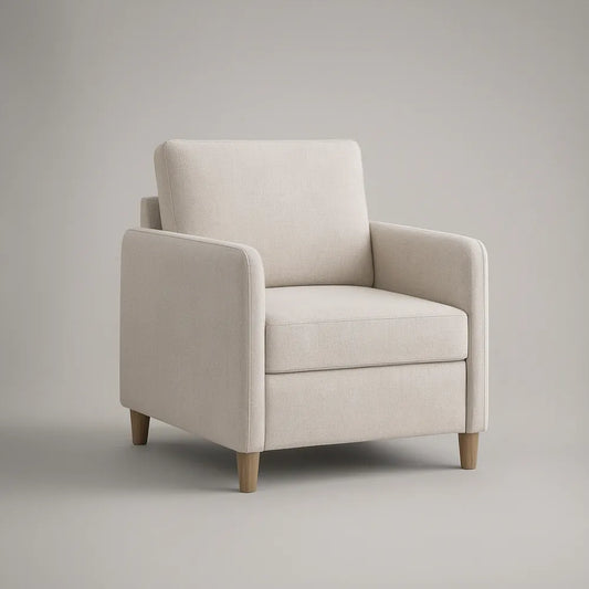 Beige Upholstered Armchair with Natural Rubberwood Legs, 31.5 x 33.1 x 34.6 in