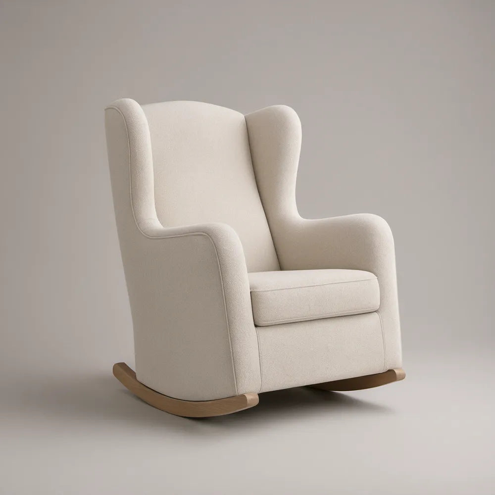 Ivory Upholstered Wingback Rocking Chair with Natural Brown Solid Wood Rockers, 32 x 36 x 42 in