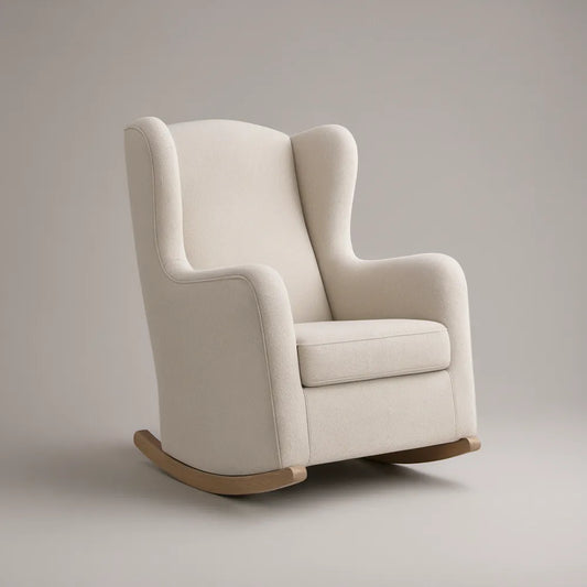 Ivory Upholstered Wingback Rocking Chair with Natural Brown Solid Wood Rockers, 32 x 36 x 42 in