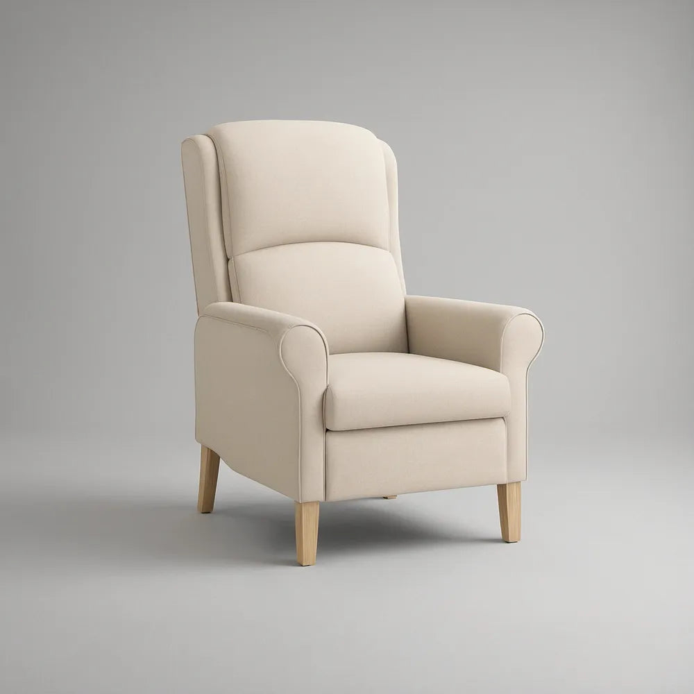 Ivory Upholstered Wingback Armchair with Natural Rubberwood Legs, 32 x 35 x 42 in